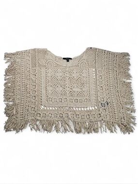 Papaya Crochet Fringe Poncho Top in Cream Boho Festival Hippy Neutral size S/M